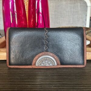 Brighton Chilon African Black & Brown Leather Southwestern Style Long Wallet!